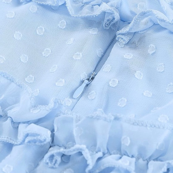 Women’s Size Small Deep V Neck Ruffle Long Sleeve Mini Dress Zip Back Blue - Picture 5 of 6